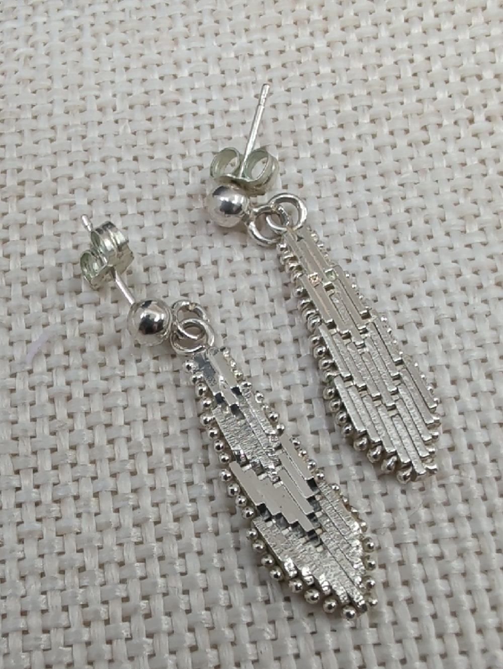 Vintage 925 Italy Sterling Silver Woven Mesh Geometric Drop Earrings Ball Stud